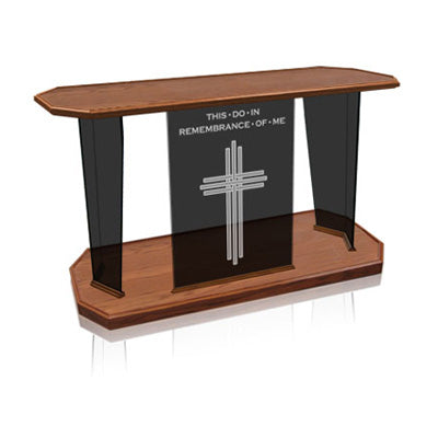 Glass Communion Table with Etched Scripture: Elegance [NC41], tinted glass with wood top and base, front view