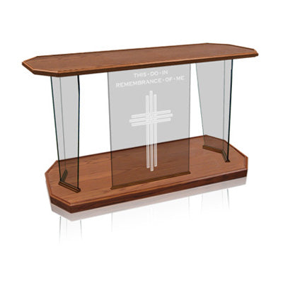 Glass Communion Table with Etched Scripture: Elegance [NC41], clear glass with wood top and base, front view