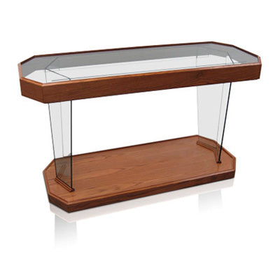 Glass Communion Table: Rhema [NC40], clear glass with horizontal wood trim and base, front view