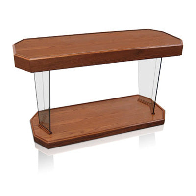 Glass Communion Table: Rhema [NC40], clear glass with wood top and base, front view