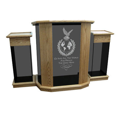 Glass Pulpit with Detachable Wings and Oak Top: Rhema [NC12], tinted glass, front view