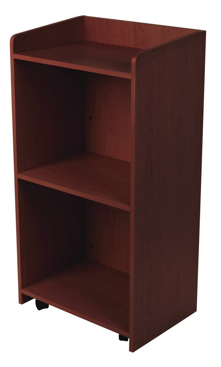 Host Station with Adjustable Shelf and Hidden Casters, mahogany, host side with shelf