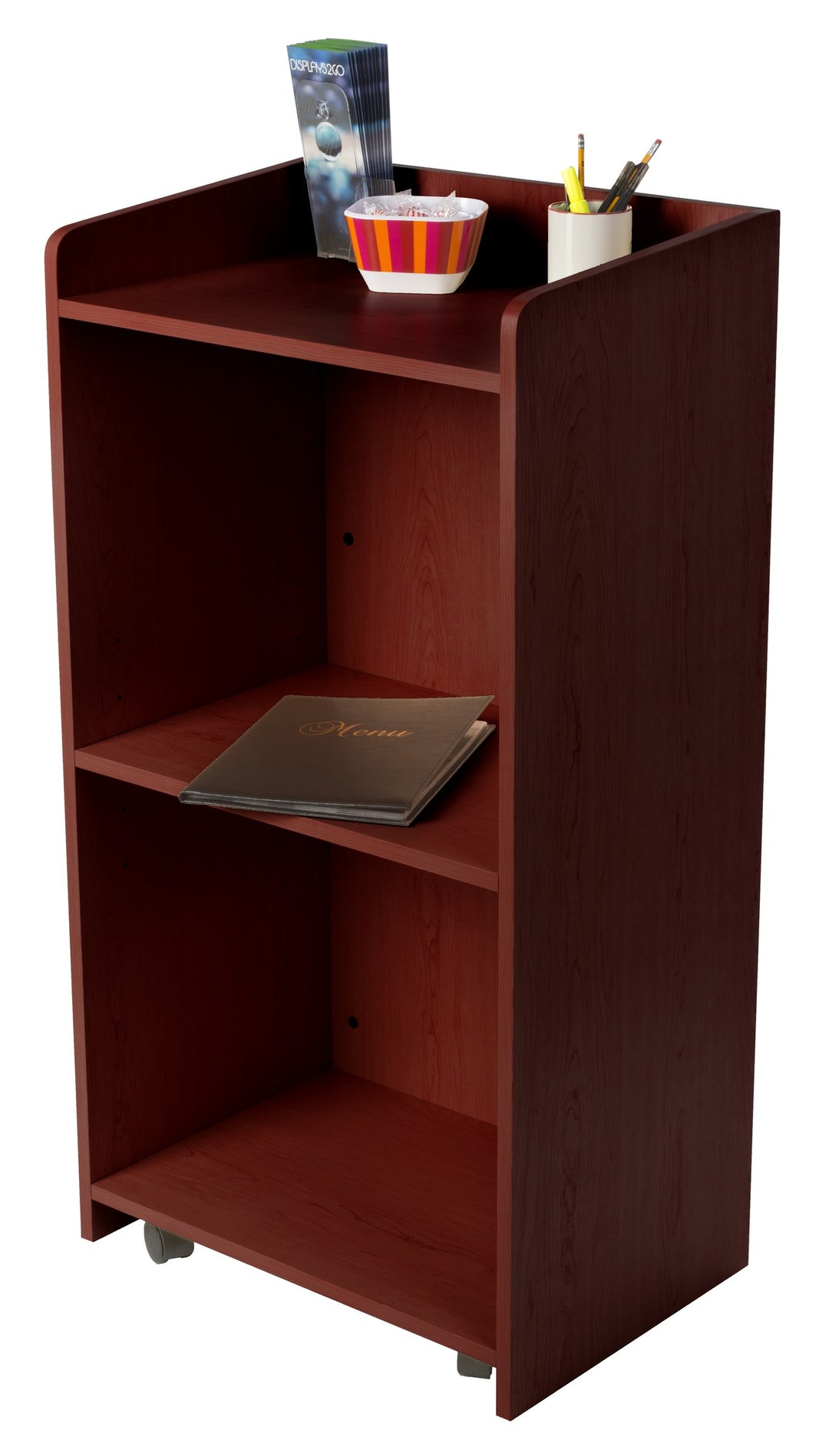 Host Station with Adjustable Shelf and Hidden Casters, mahogany, stocked