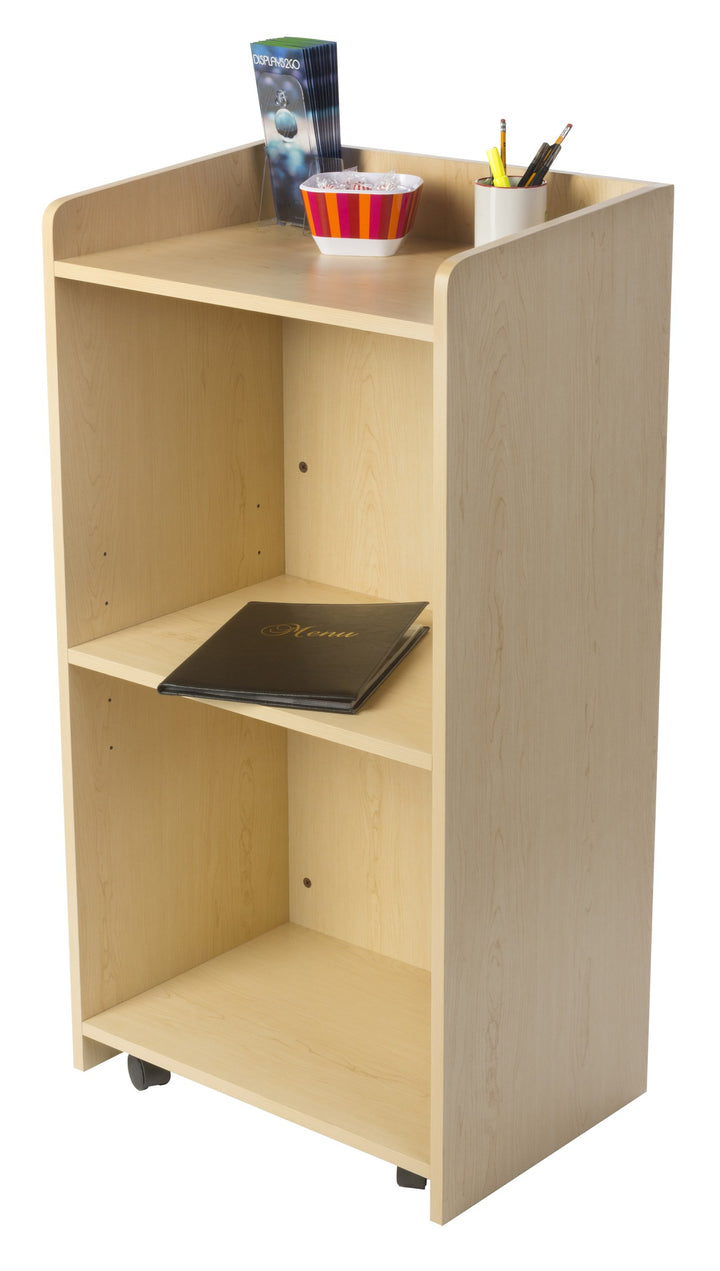 Host Station with Adjustable Shelf and Hidden Casters, maple, stocked