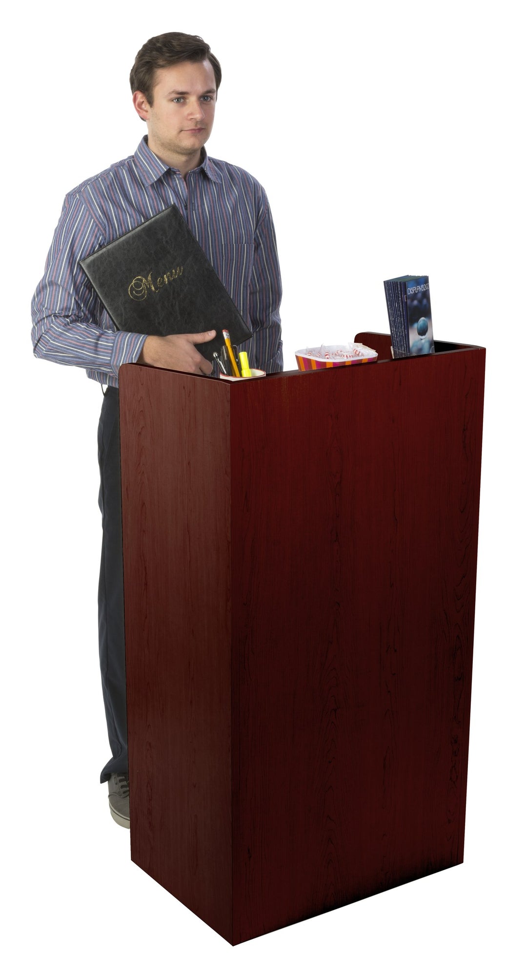 Host Station with Adjustable Shelf and Hidden Casters, mahogany, in use