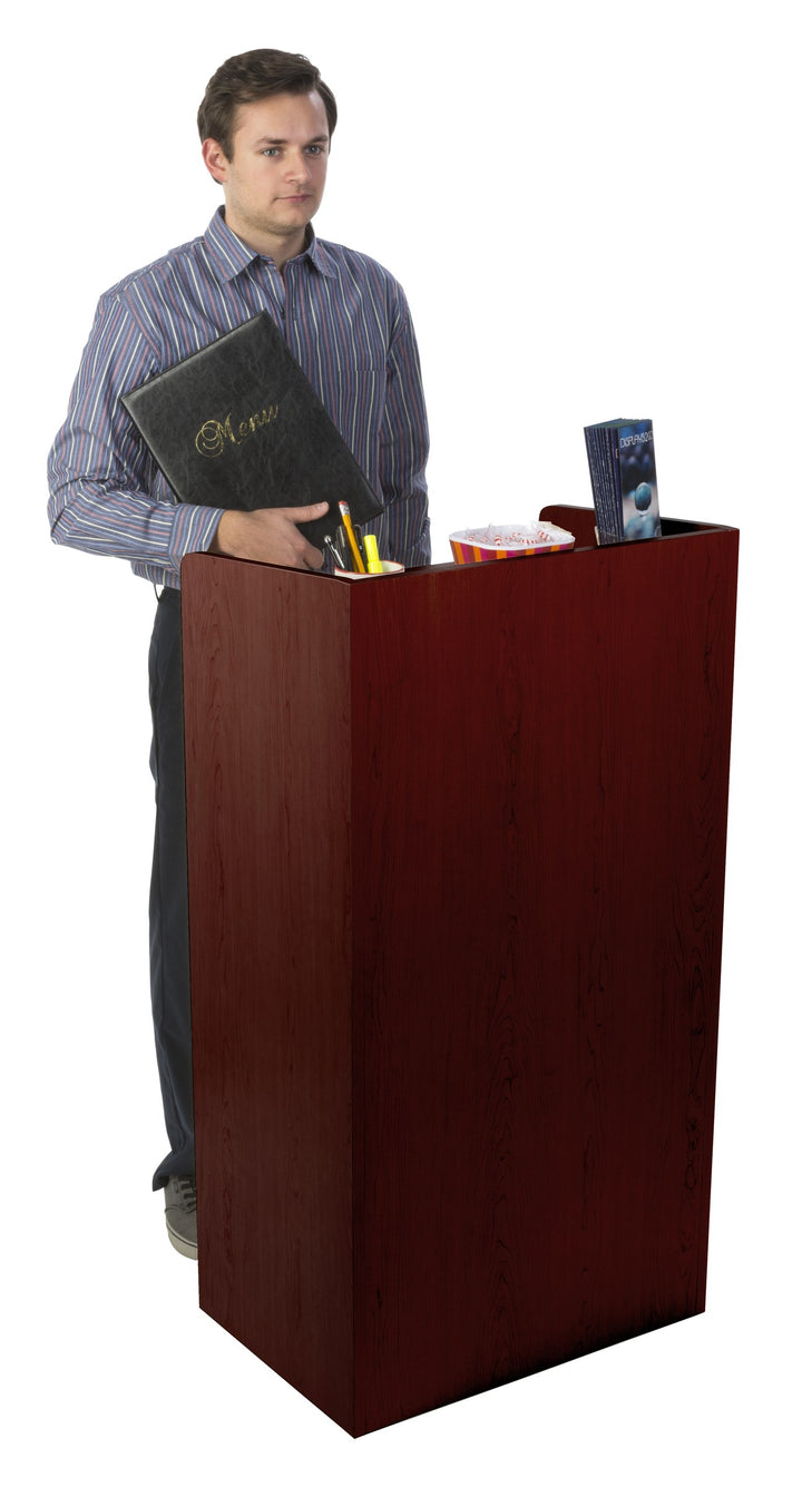 Host Station with Adjustable Shelf and Hidden Casters, mahogany, in use