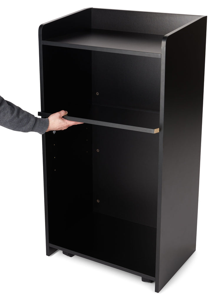 Host Station with Adjustable Shelf and Hidden Casters, adjusting the shelf