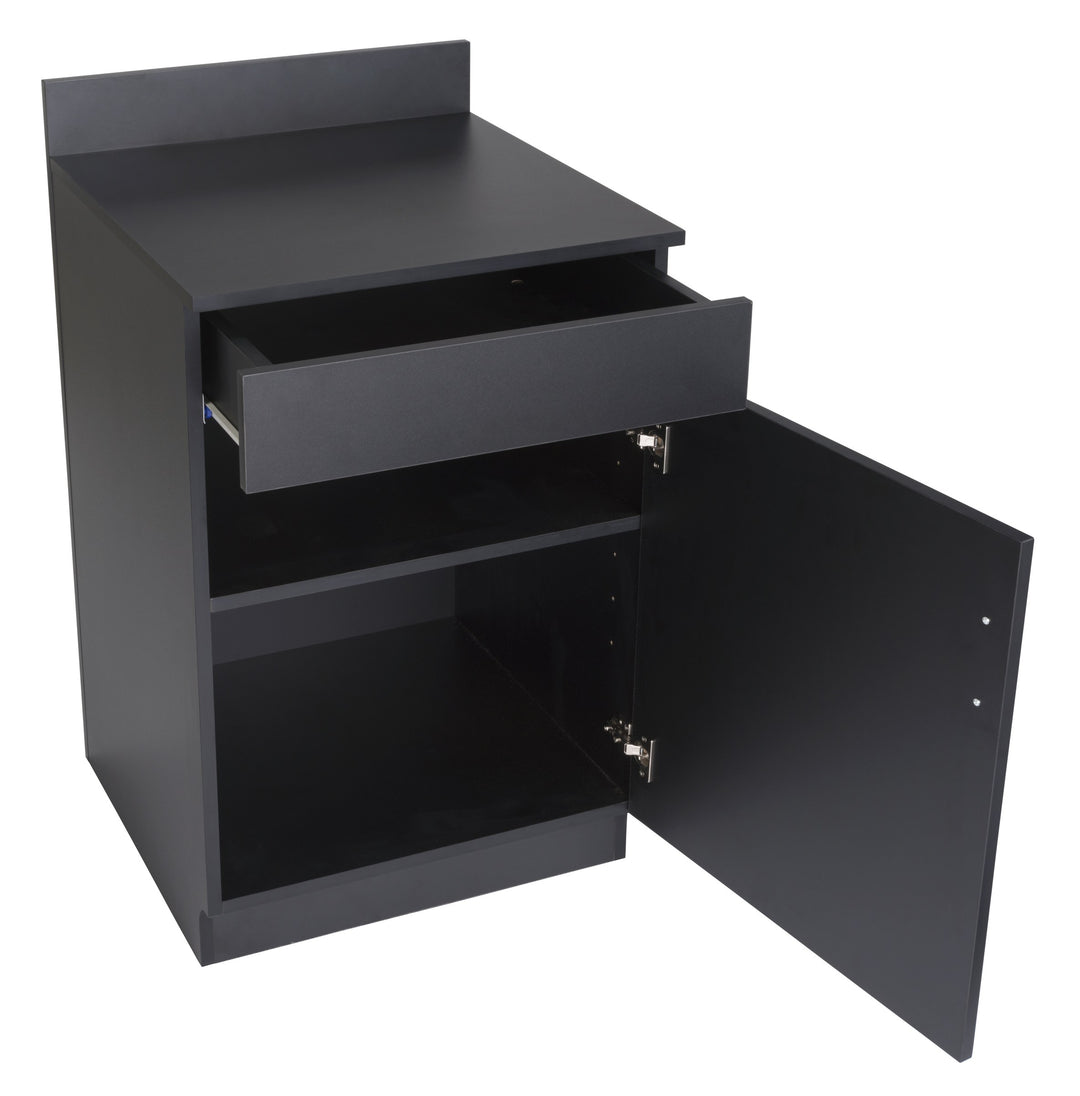 Host Station with Closed Cabinet and Pull-Out Drawer, Black, drawer and door open