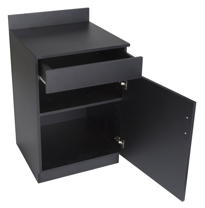 Host Station with Closed Cabinet and Pull-Out Drawer, Black, drawer and door open