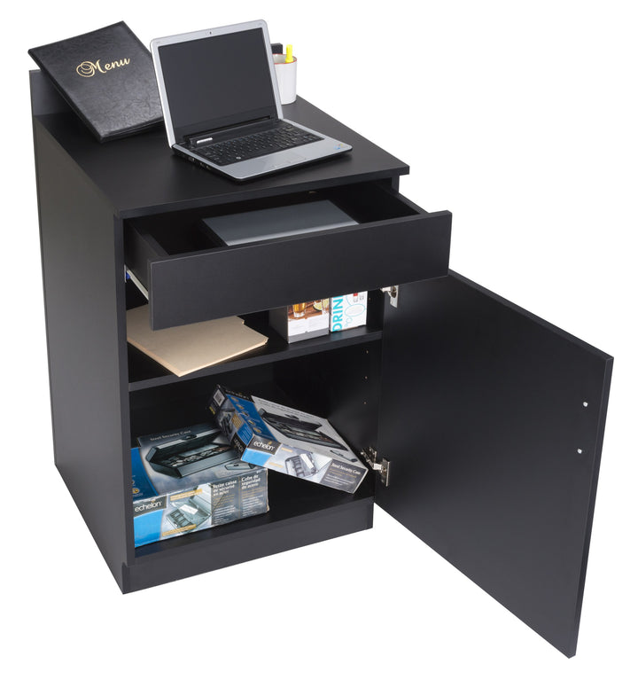 Host Station with Closed Cabinet and Pull-Out Drawer, Black, stocked with supplies