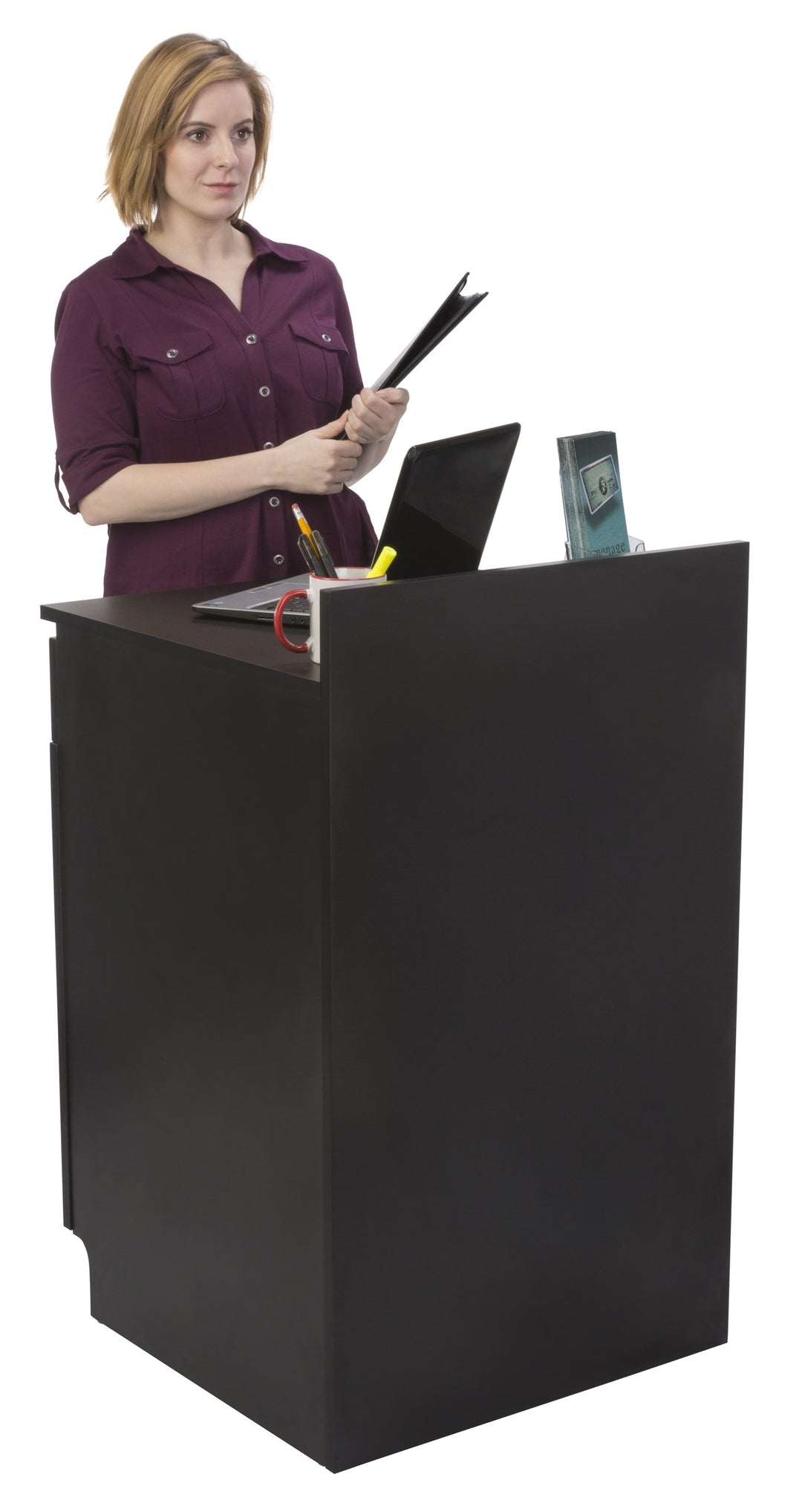 Host Station with Closed Cabinet and Pull-Out Drawer, Black, in use