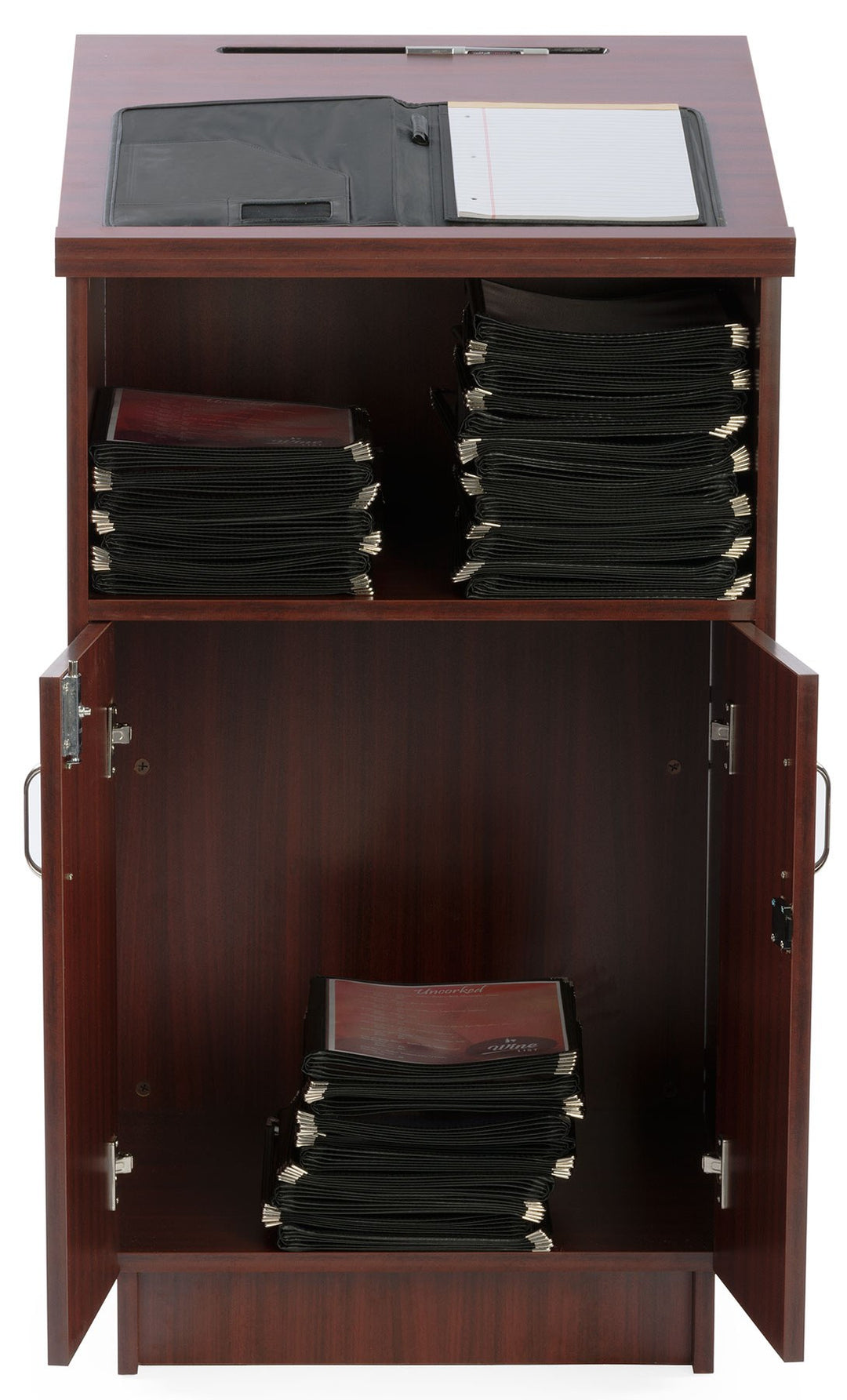 Host Station with Locking Doors, mahogany, cabinet open