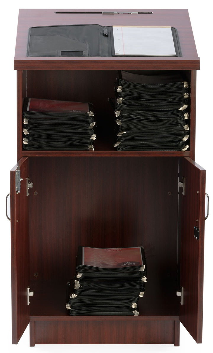 Host Station with Locking Doors, mahogany, cabinet open