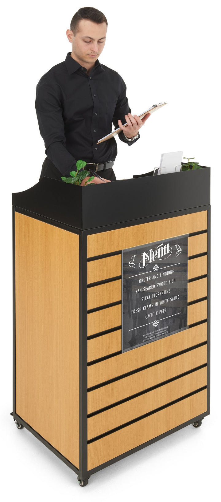 24" Host Station with Slatwall Front and Locking Casters, in use