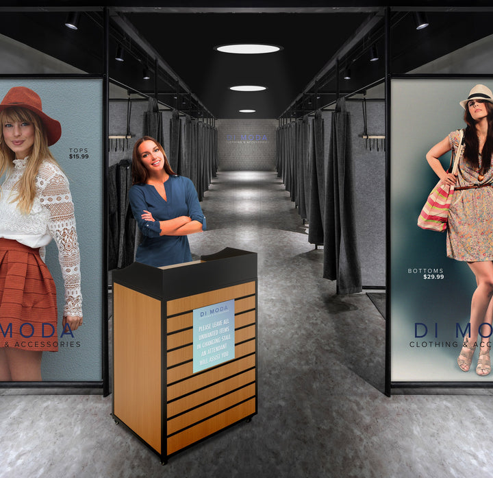24" Host Station with Slatwall Front and Locking Casters, at a retail fitting room