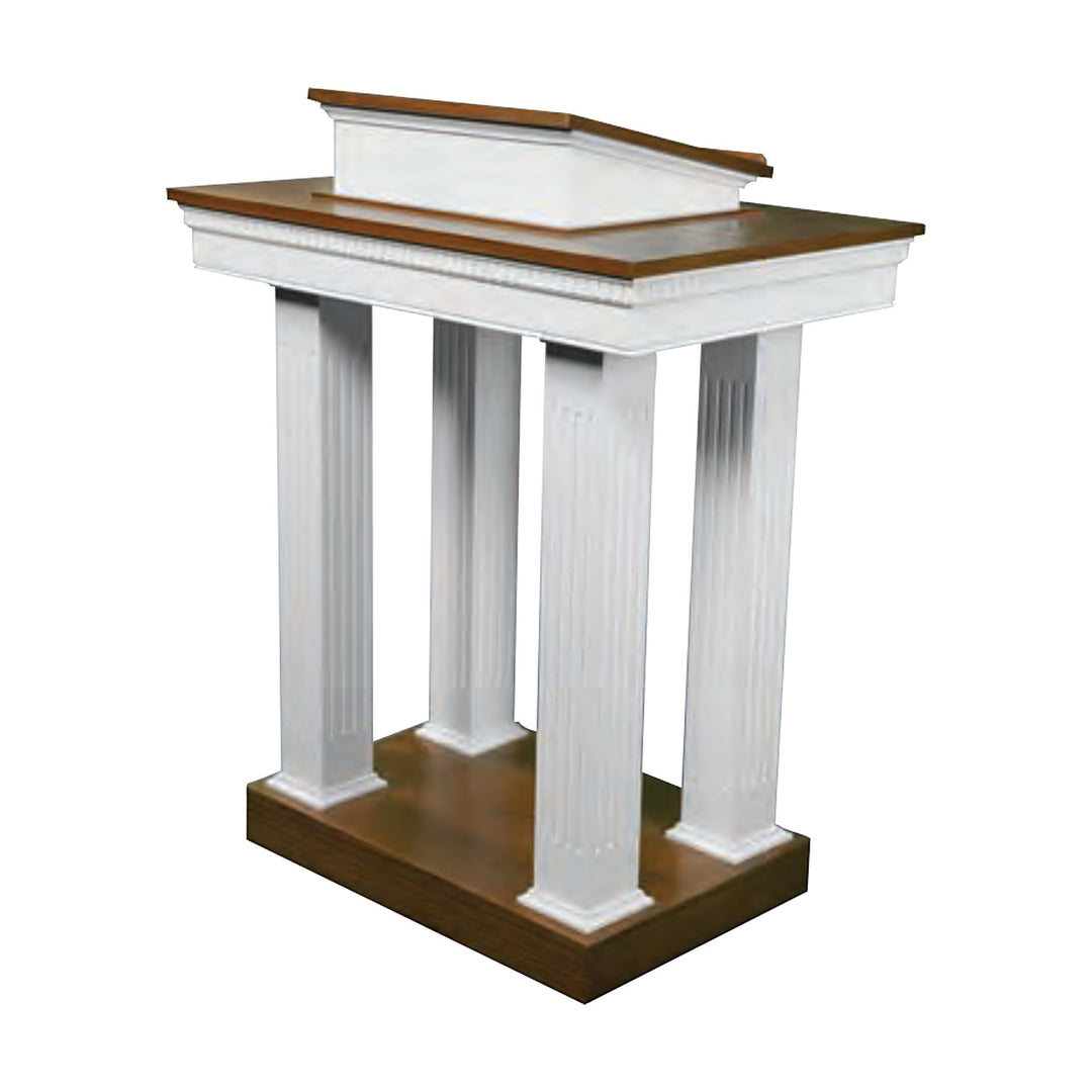 8401 four-column pedestal pulpit, two-tone white with stained top and base
