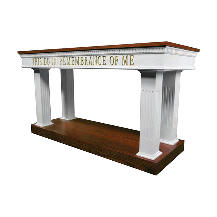 8405 open communion table with square fluted columns, two-tone white with stained top and base