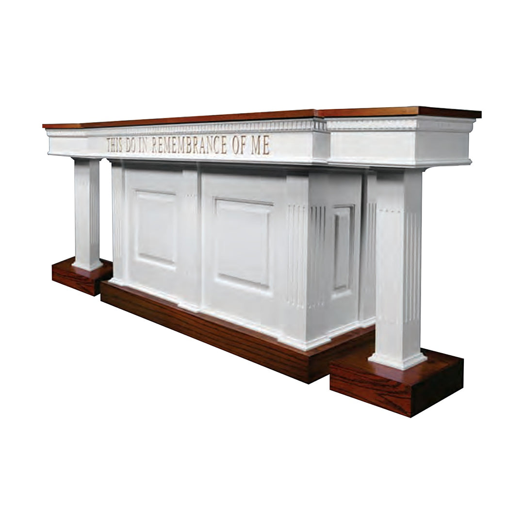 8420 closed communion table with square fluted columns, two-tone white and stained