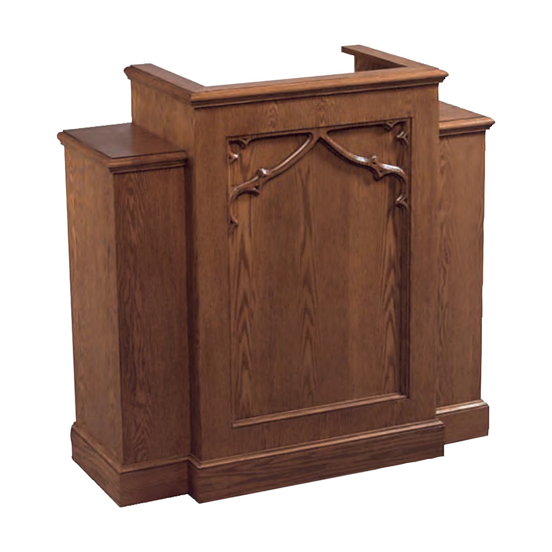 NO 200W wing pulpit in solid red oak with carved Gothic tracery, front angle view