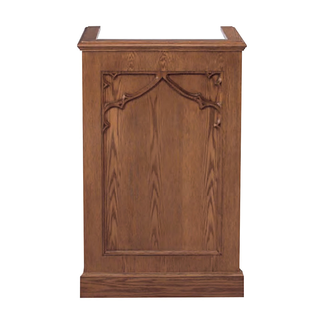 NO 201 single pulpit in solid red oak with carved Gothic tracery, front view