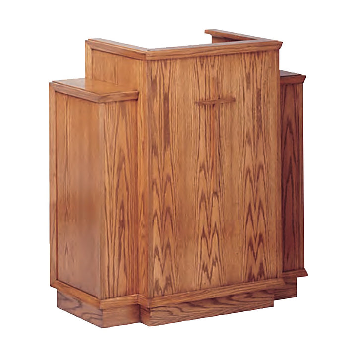 NO 400W wing pulpit in solid red oak with raised cross, front angle view