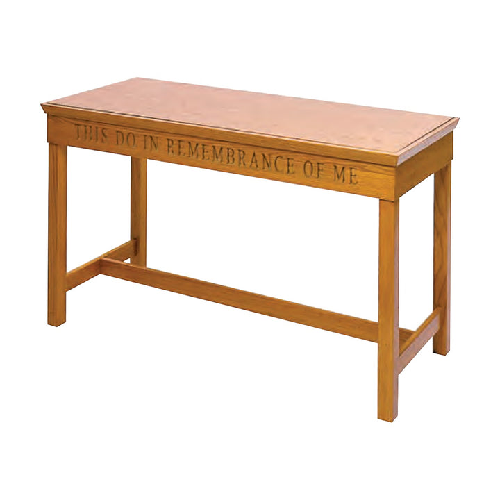 NO 405 open communion table in solid red oak with This Do In Remembrance Of Me inscription