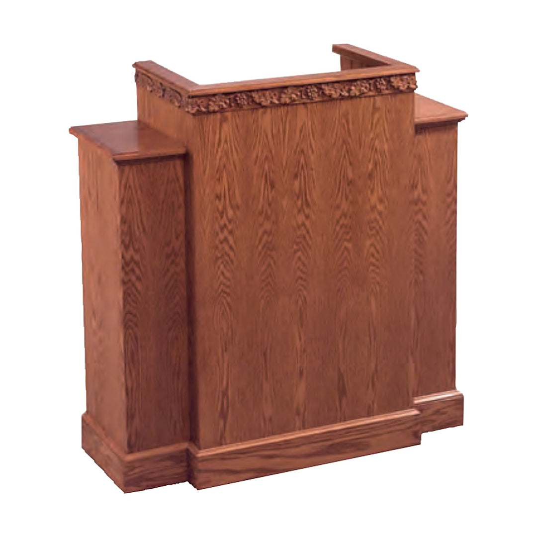 NO 500W wing pulpit in solid red oak with carved grapevine trim, front angle view