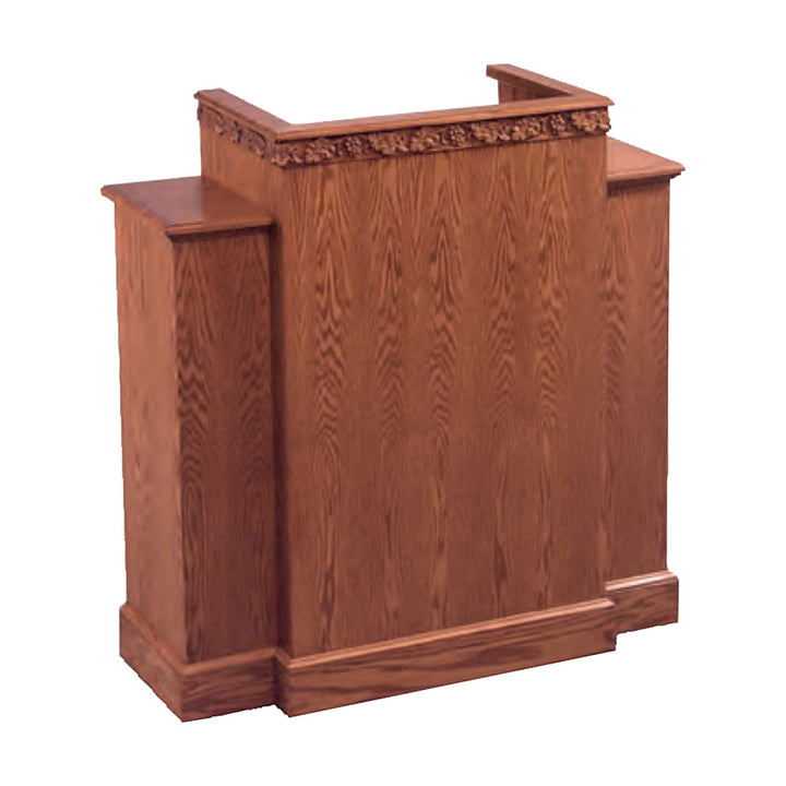 NO 500W wing pulpit in solid red oak with carved grapevine trim, front angle view
