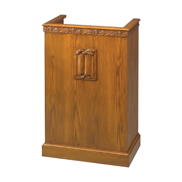 NO 501 single pulpit in solid red oak with carved grapevine trim and optional Bible carving
