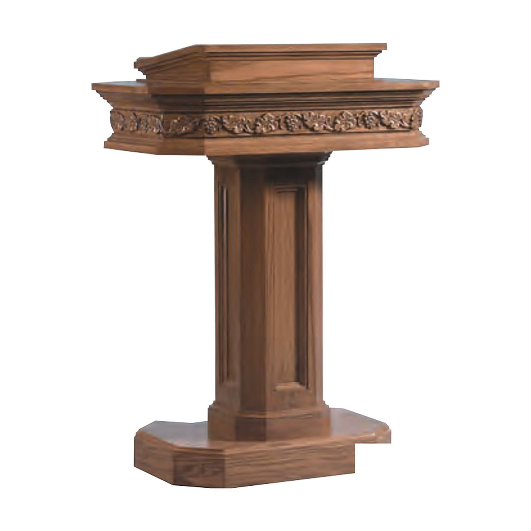 NO 5402 pedestal pulpit in solid red oak with carved grapevine trim