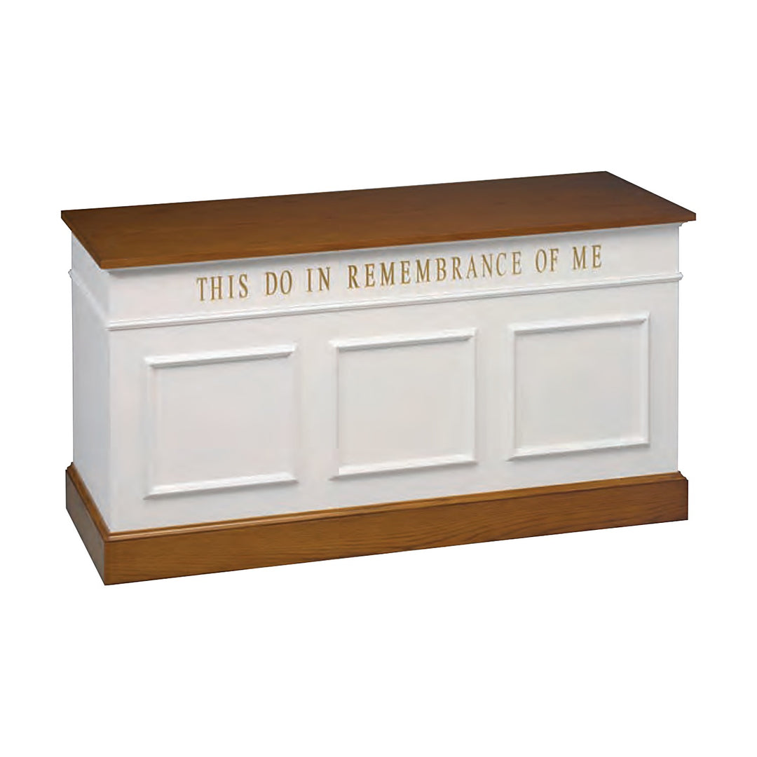 NO 810 colonial closed communion table in white with stained oak top and base and gold inscription