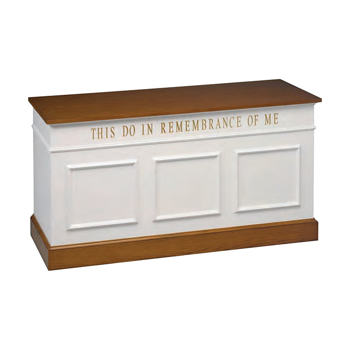 NO 810 colonial closed communion table in white with stained oak top and base and gold inscription