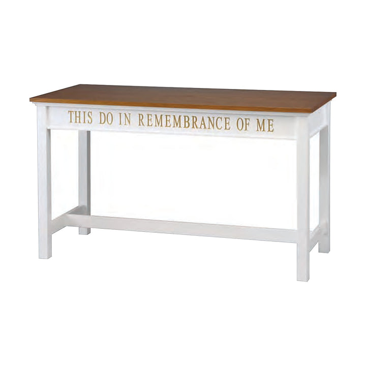 NO 815 colonial open communion table in white with stained oak top and gold inscription