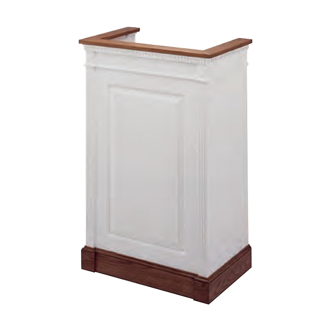 NO 821 colonial single pulpit with dentil molding, white with stained oak top and base
