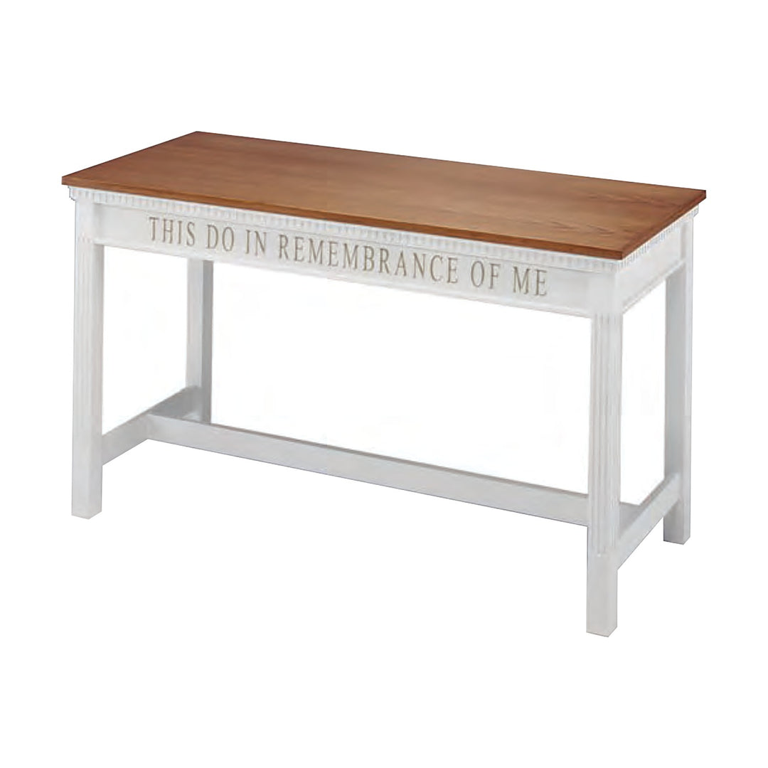 NO 825 colonial open communion table with dentil molding, white with stained oak top