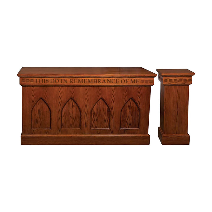 NO 900 closed communion table with Gothic arch panels, shown with a matching NO 900 flower stand, sold separately