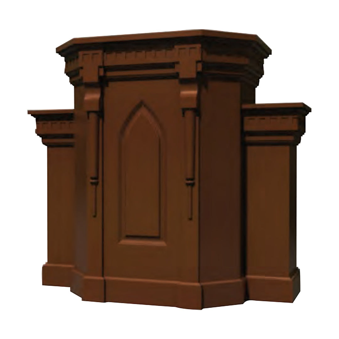 NO 900W-1 wing pulpit in solid red oak with Gothic arch panel and dentil molding, 56 inches wide
