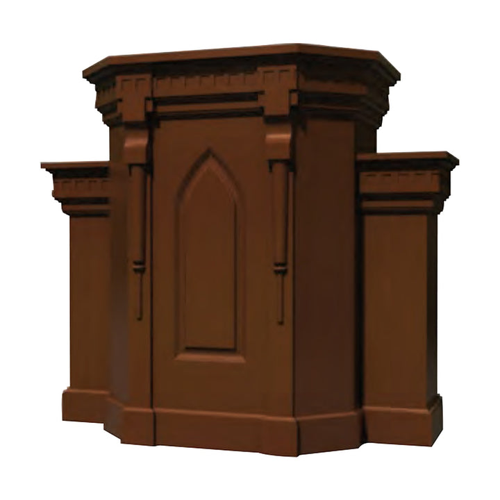 NO 900W-1 wing pulpit in solid red oak with Gothic arch panel and dentil molding, 56 inches wide