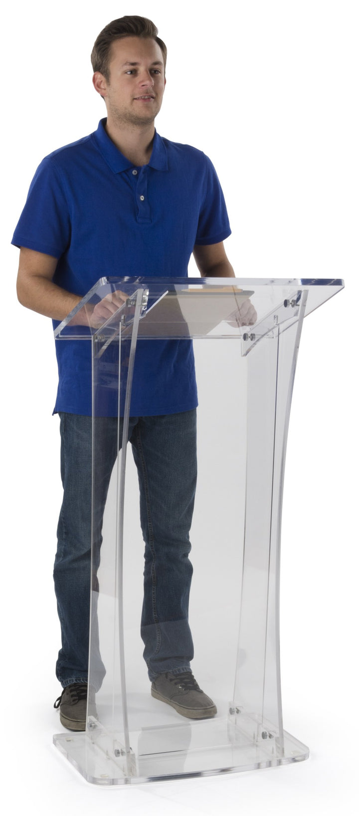 Portable Knock-Down Acrylic Lectern, clear, in use