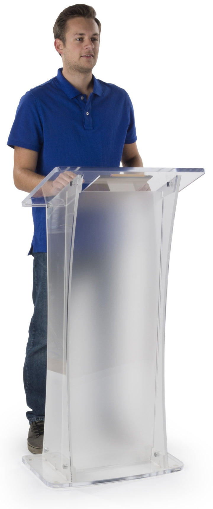 Portable Knock-Down Acrylic Lectern, frosted, in use