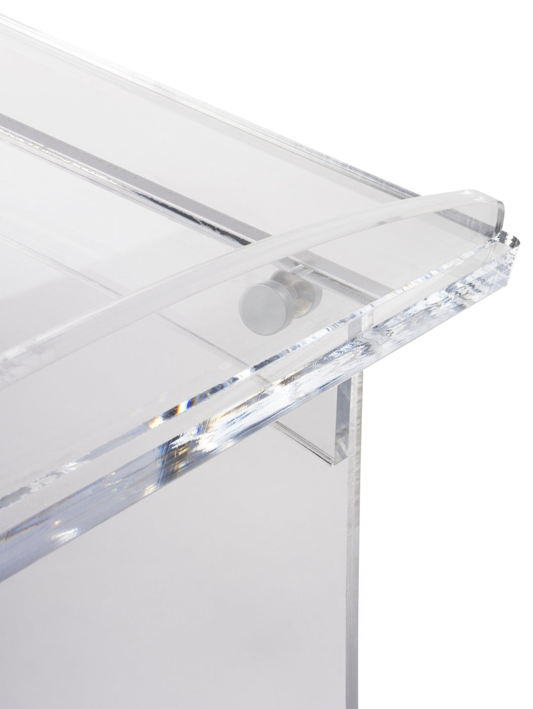Portable Knock-Down Acrylic Lectern, clear, top corner detail