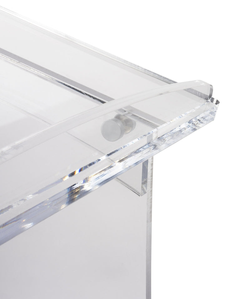 Portable Knock-Down Acrylic Lectern, clear, top corner detail