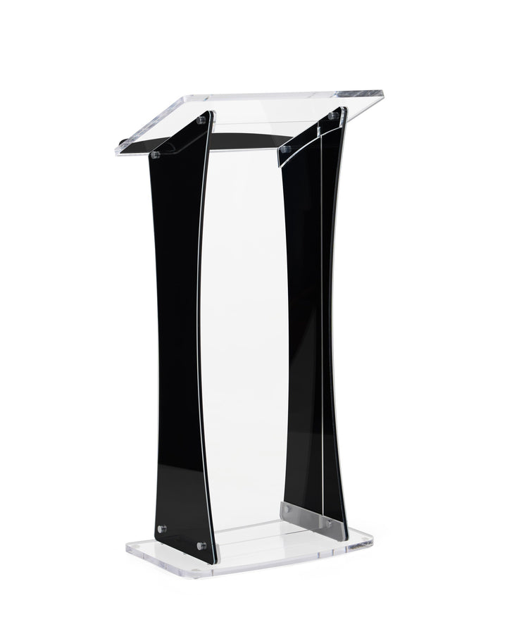 Portable Knock-Down Acrylic Lectern with Black Side Panels, black and clear, front view