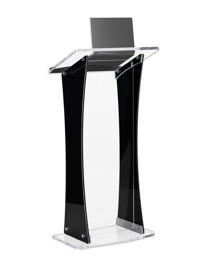 Portable Knock-Down Acrylic Lectern with Black Side Panels, black and clear, with laptop