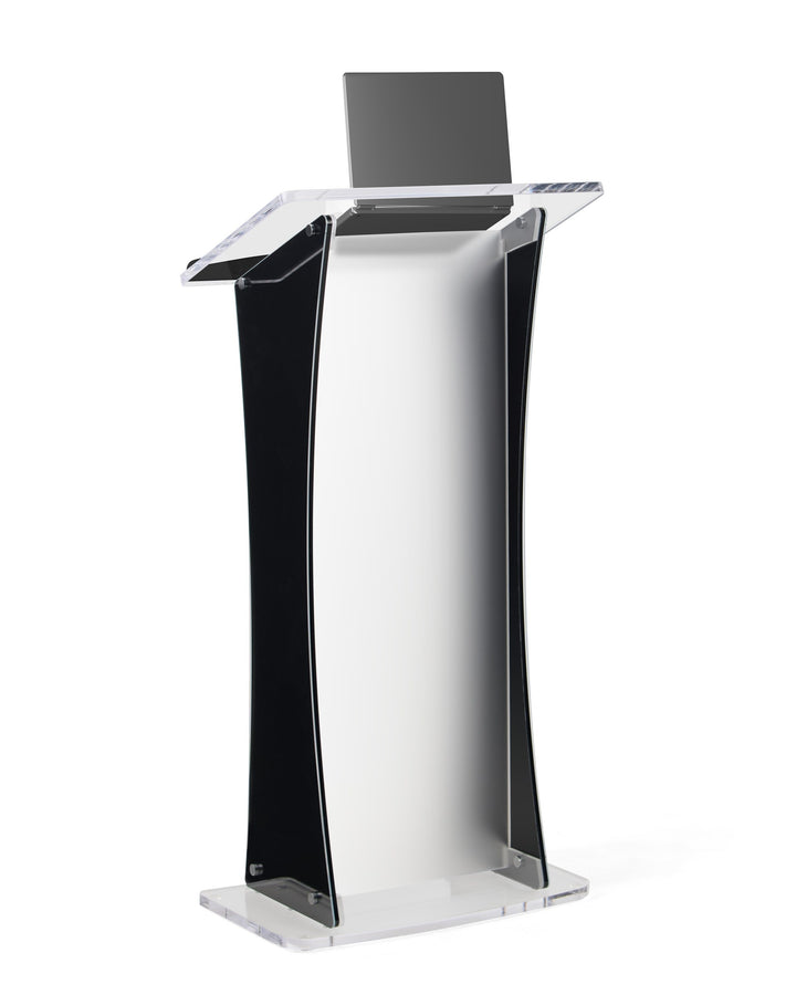 Portable Knock-Down Acrylic Lectern with Black Side Panels, black and frosted, with laptop