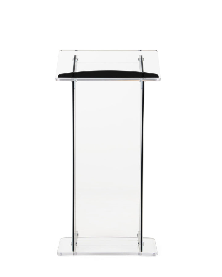 Portable Knock-Down Acrylic Lectern with Black Side Panels, black and clear, back view
