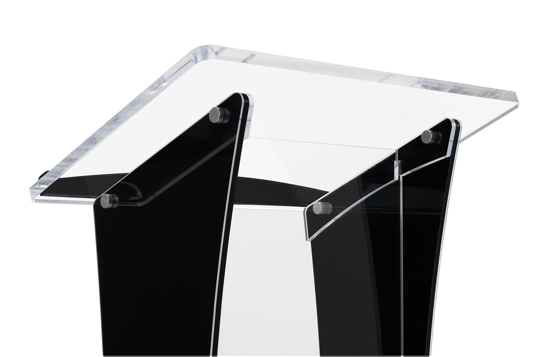 Portable Knock-Down Acrylic Lectern with Black Side Panels, reading surface and side panels