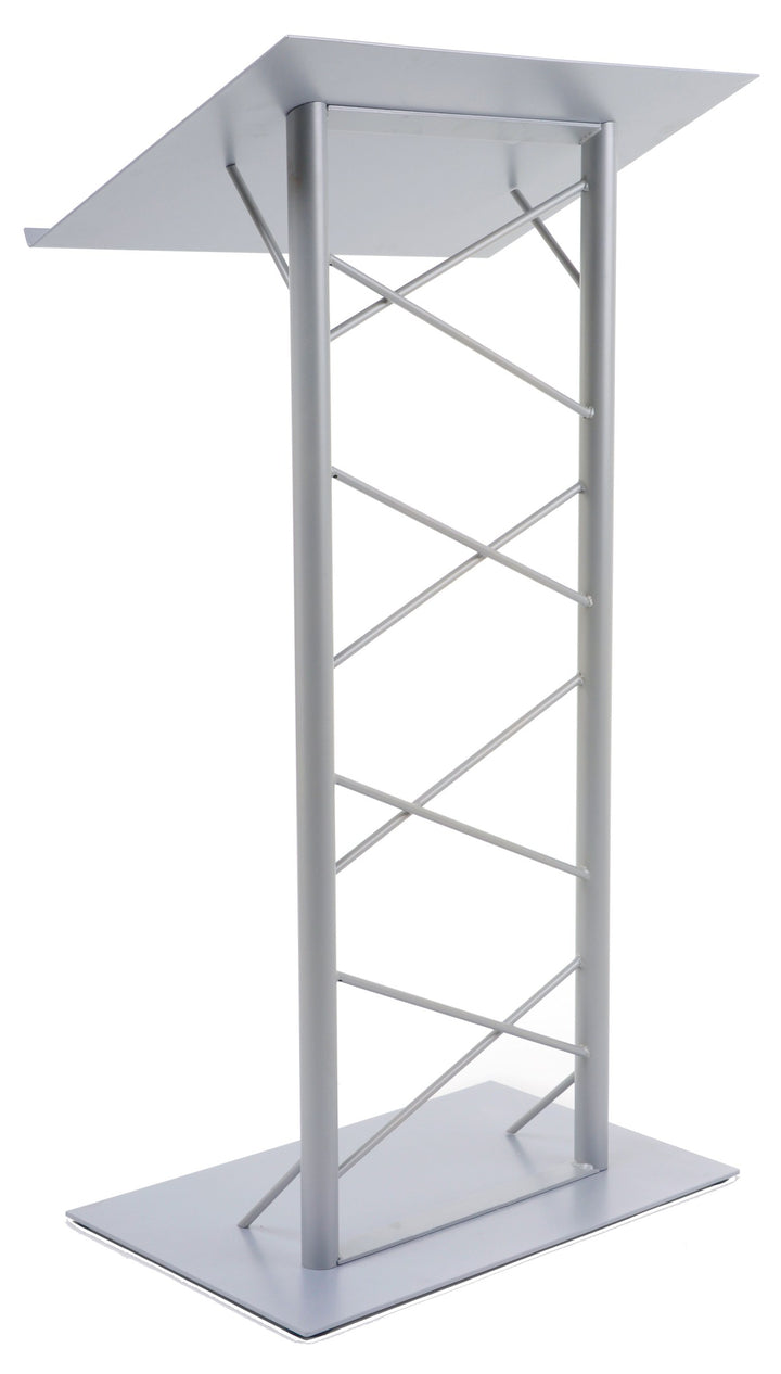 Lattice-Style Steel Truss Lectern, silver, front view