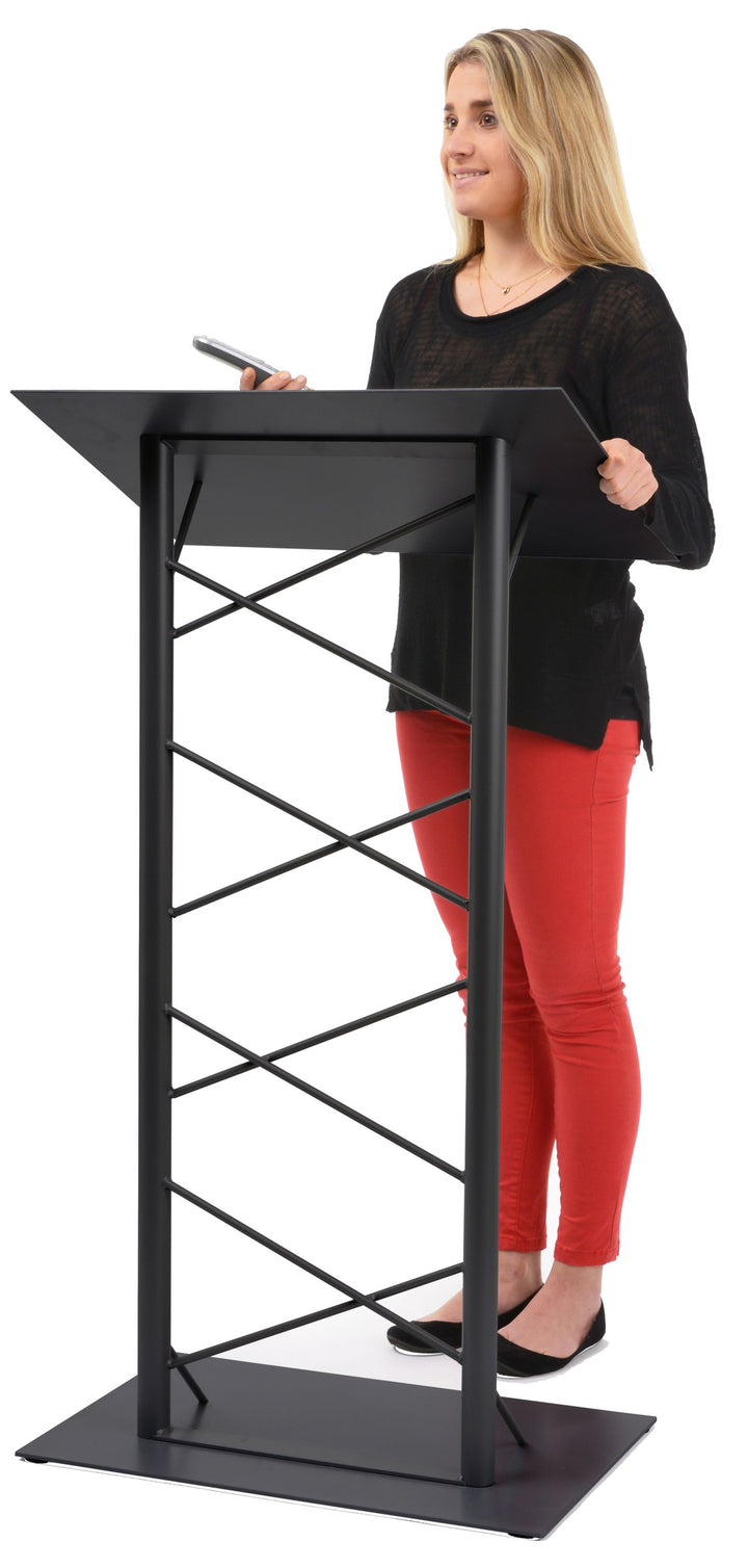 Lattice-Style Steel Truss Lectern, black, in use