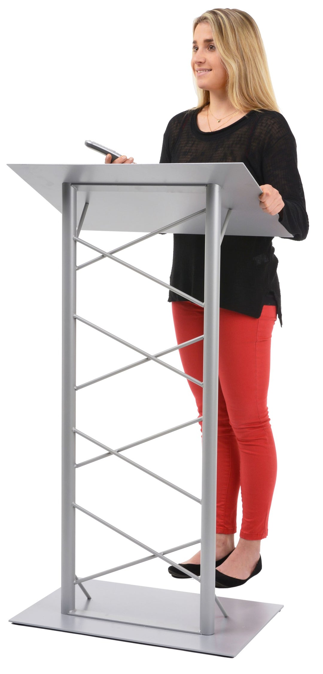 Lattice-Style Steel Truss Lectern, silver, in use